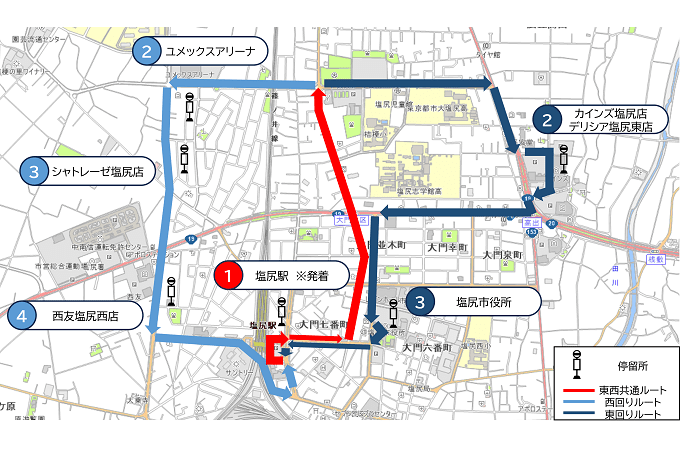 塩尻駅を起点に市役所や商業施設などを結ぶ東西2つの運行ルート