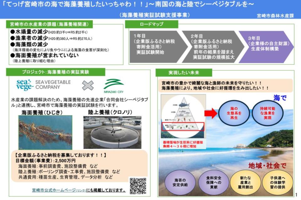 「てっげ、宮崎市で海藻を養殖したいっちゃわ!!」〜南国の海と陸でシーベジタブルを〜(海藻養殖実証試験支援事業)