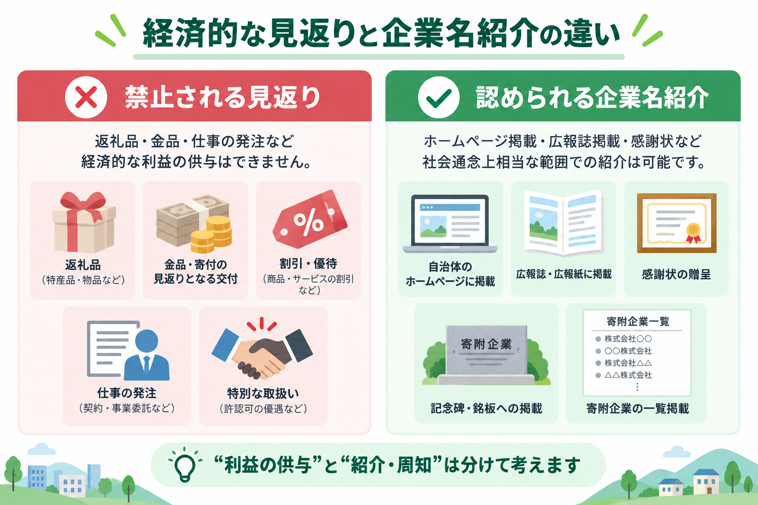 企業版ふるさと納税における、禁止される経済的な見返りと、認められる企業名紹介の違いを示した比較図